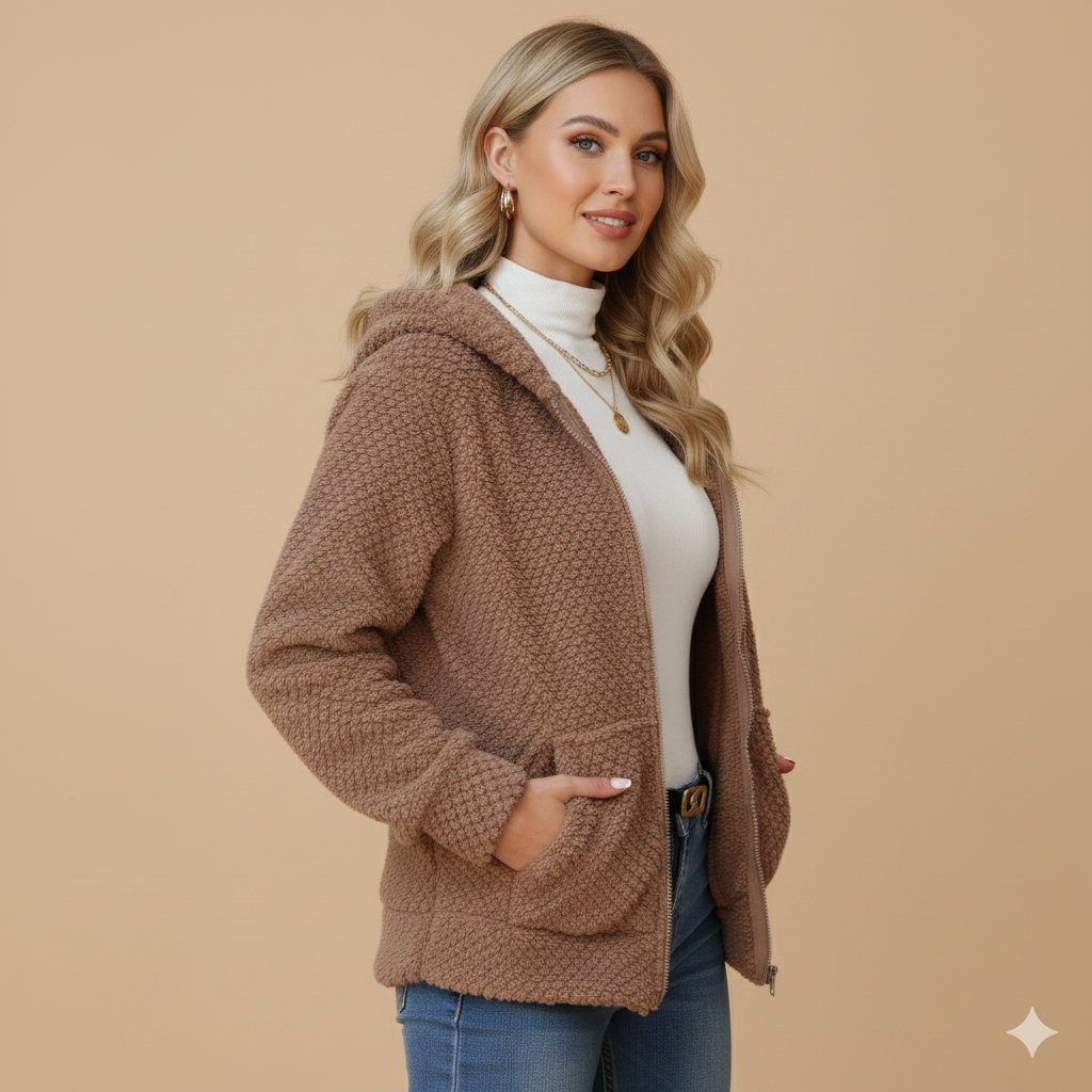 Women's Hooded Plush Zip Jacket – Cozy Fleece Coat with Pockets