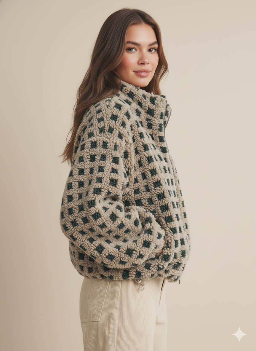 Women’s Textured Check Coat – Casual Loose Fit with Cozy Zip-Up Design