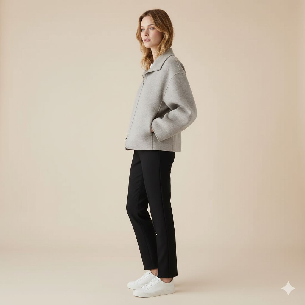 Women’s Minimalist Wool Zip Jacket – Oversized Fit with Soft Collar