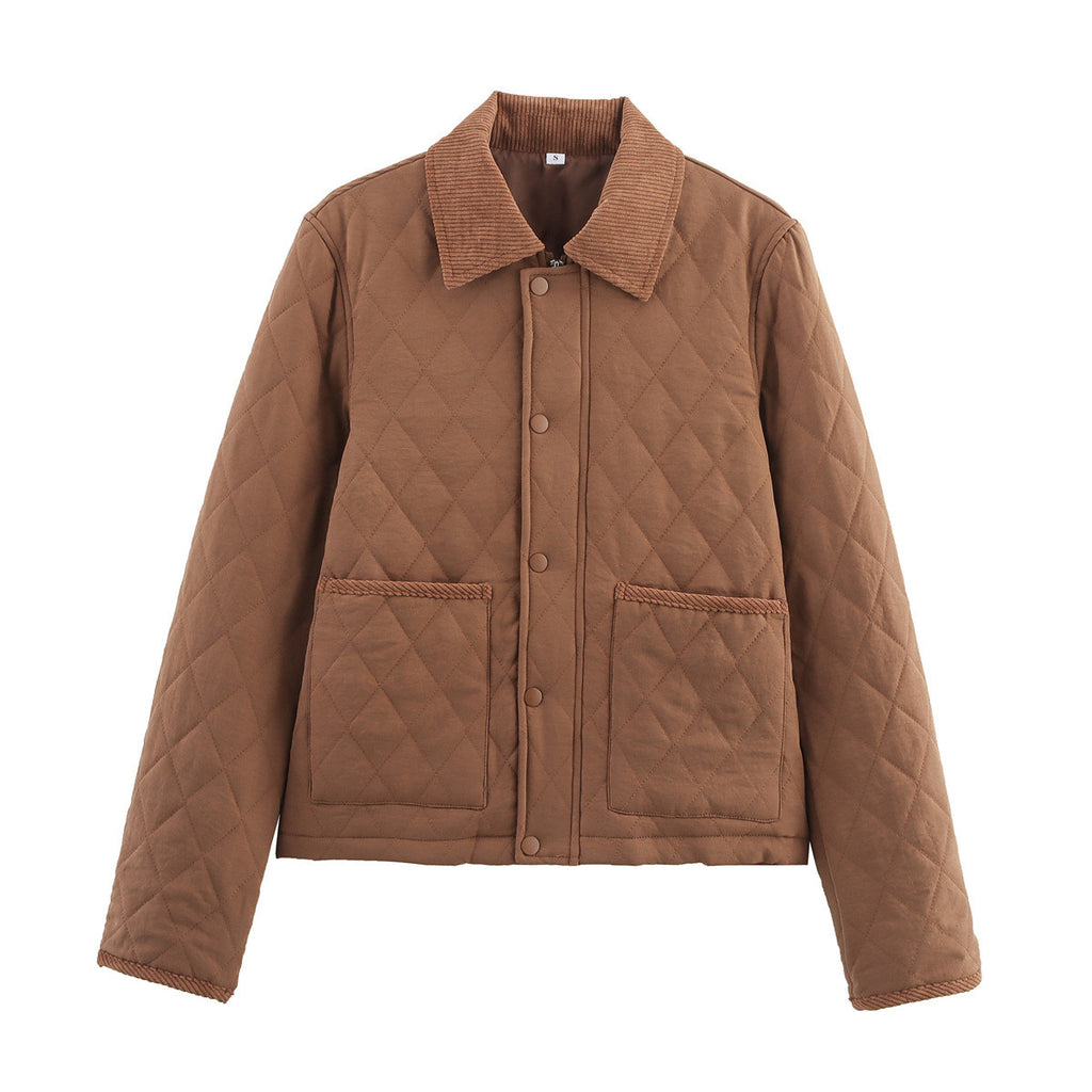 Women’s Corduroy Lapel Quilted Jacket – Short, Warm and Casual