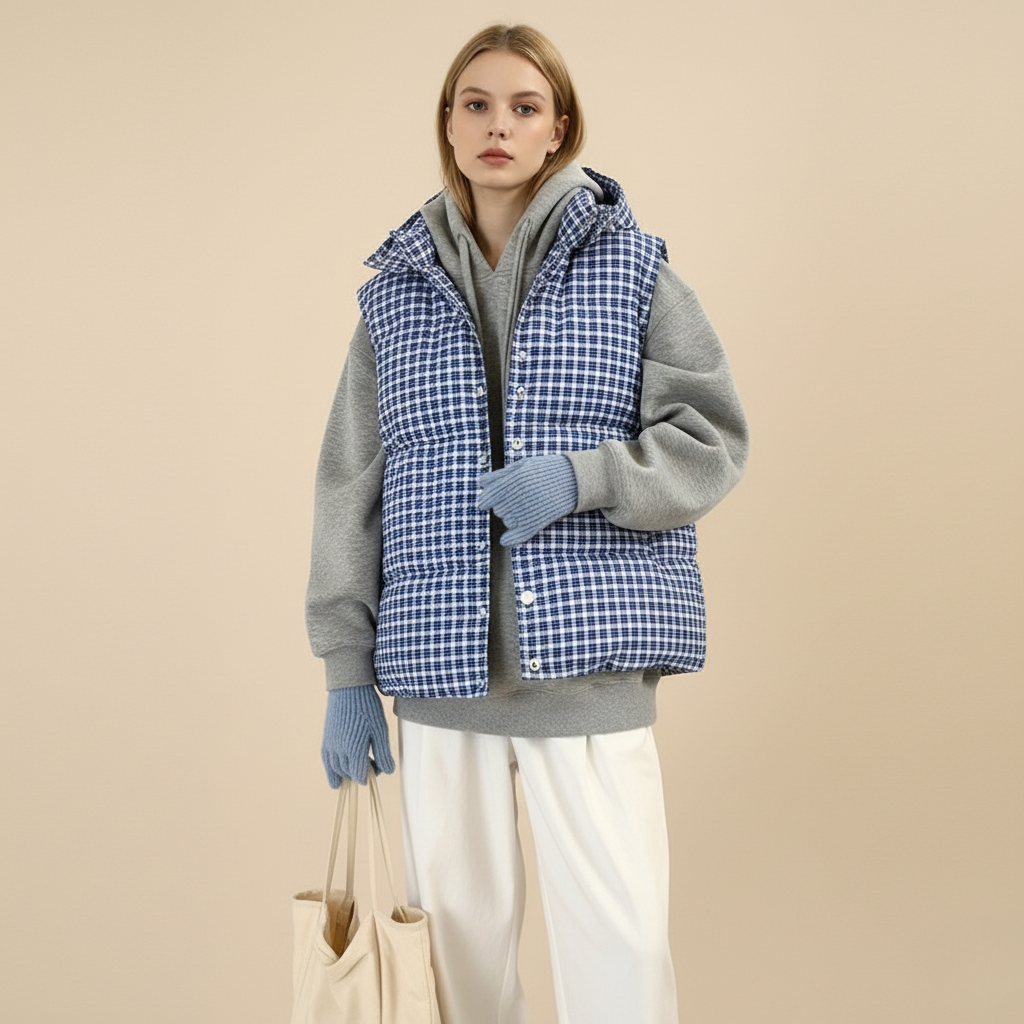 Women’s Vintage Sleeveless Winter Jacket – Retro Blue Plaid Puffer Vest