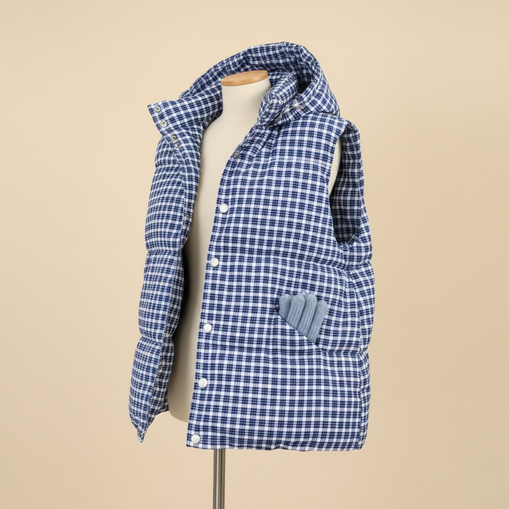 Women’s Vintage Sleeveless Winter Jacket – Retro Blue Plaid Puffer Vest