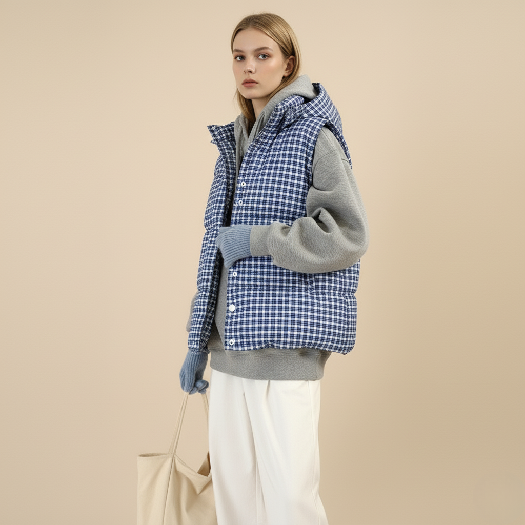 Women’s Vintage Sleeveless Winter Jacket – Retro Blue Plaid Puffer Vest