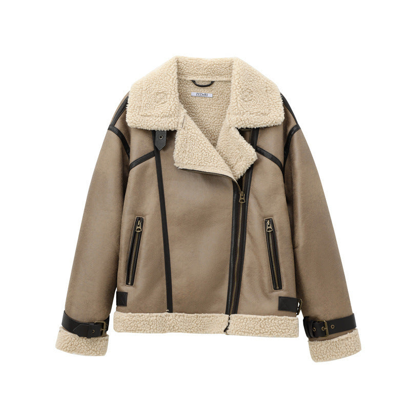 Women’s Shearling Double-Sided Jacket – Strap Trim Design & Plush Lining