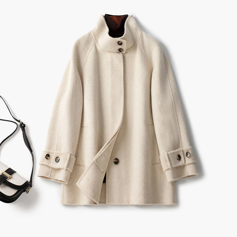 Women's Double-Sided Cashmere Coat – Mid-Length Wool Blend Elegance