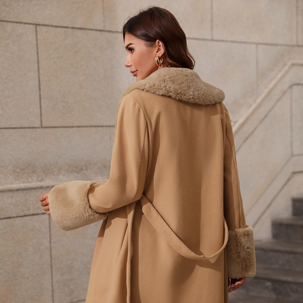 Women’s Belted Trench Coat with Fur Lapel – Elegant and Warm