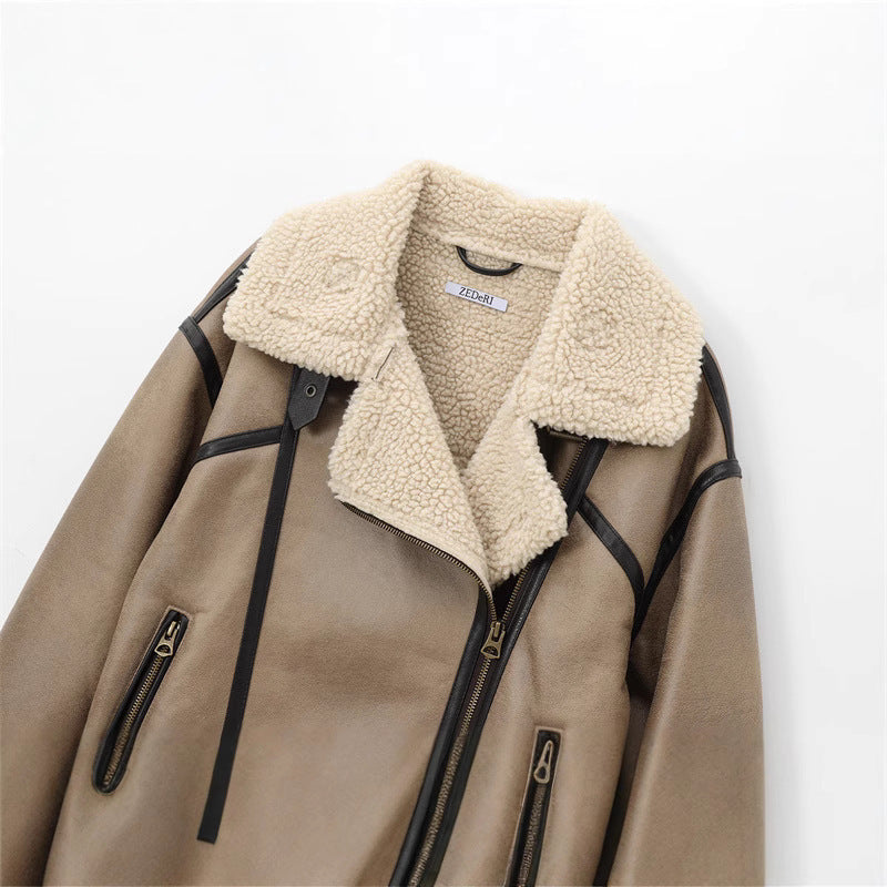 Women’s Shearling Double-Sided Jacket – Strap Trim Design & Plush Lining